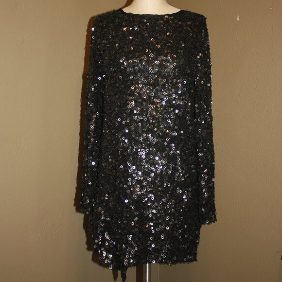 3.1 PHILLIP LIM BLACK SILK TUNIC SEQUIN DRESS LONG SLEEVES - 6 MEDIUM - Picture 1 of 6
